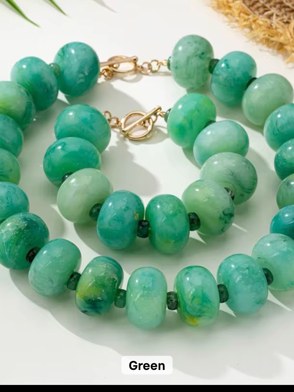 Source Unknown Turquoise-Green Beaded Necklace and bracelet with Gold Toggle